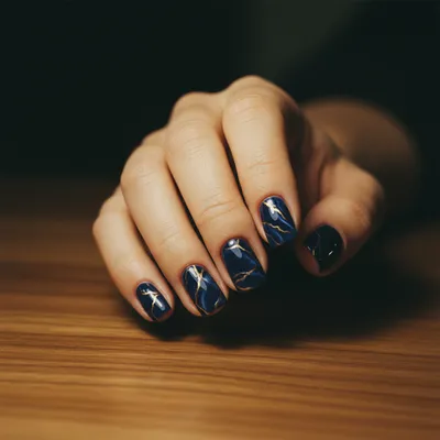 Marble Navy-and-gold Veining Short Square Nails