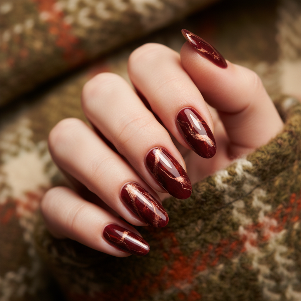 Marble Burgundy-and-rose-gold Veining Long Oval Nails