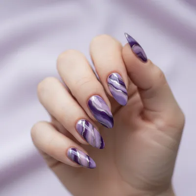 Marble Purple-lilac-and-silver Veining Long Almond Nails
