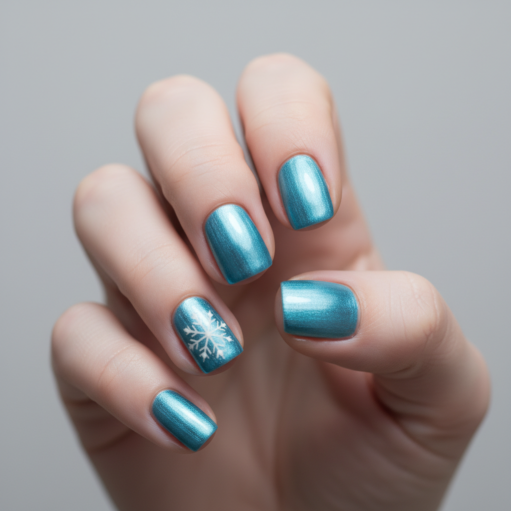Winter Short Round Nails in Icy-blue Chrome With Hand-painted Single w