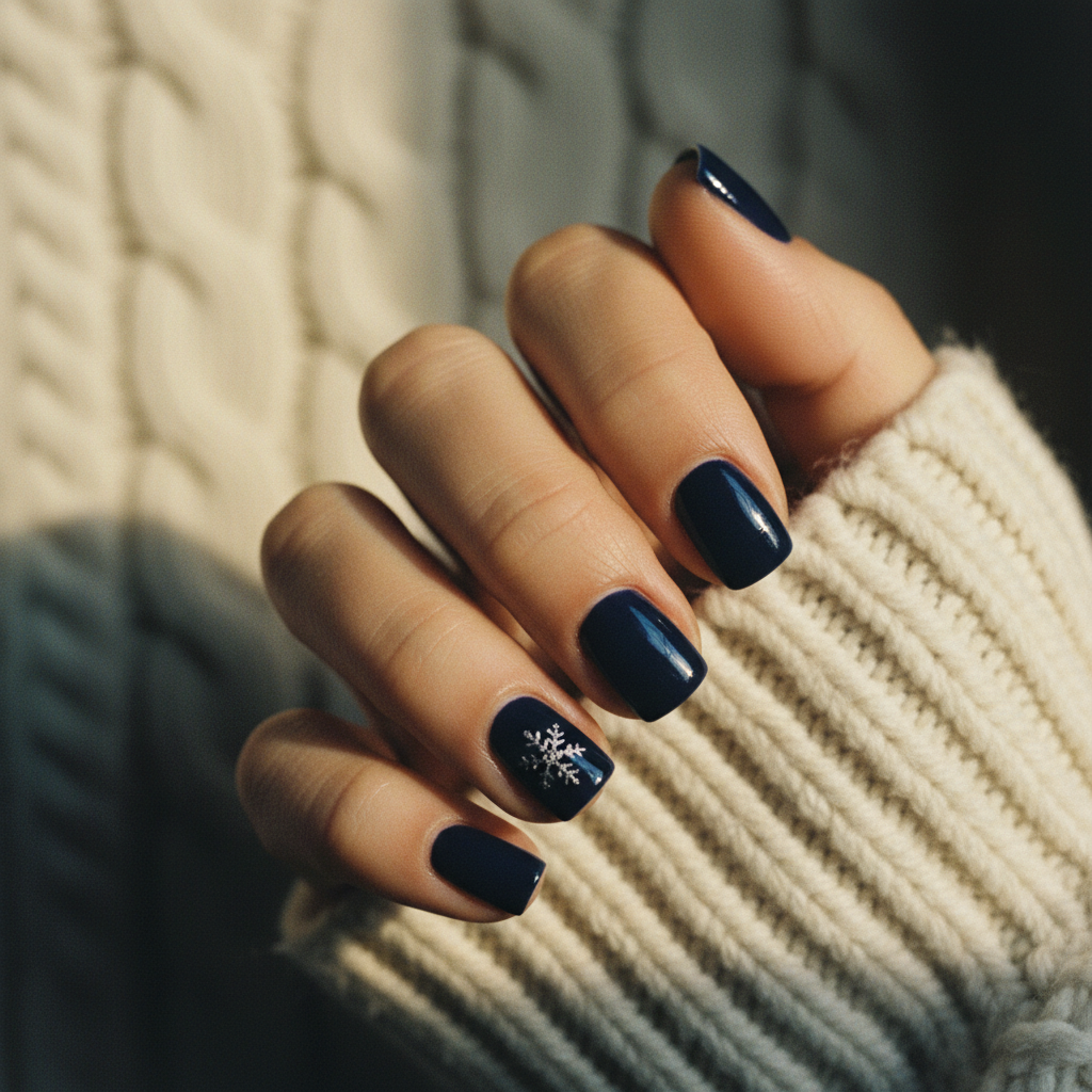 Winter Short Square Nails in Deep Navy With Hand-painted Tiny Silver-f