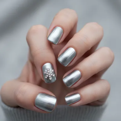 Winter Short Round Nails in Silver Chrome With Single 3D Rhinestone sn