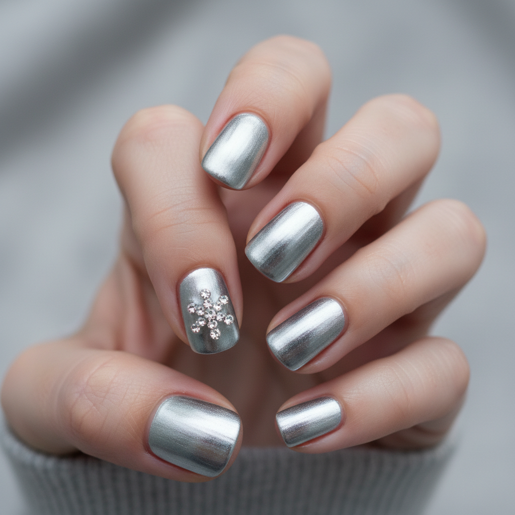 Winter Short Round Nails in Silver Chrome With Single 3D Rhinestone sn