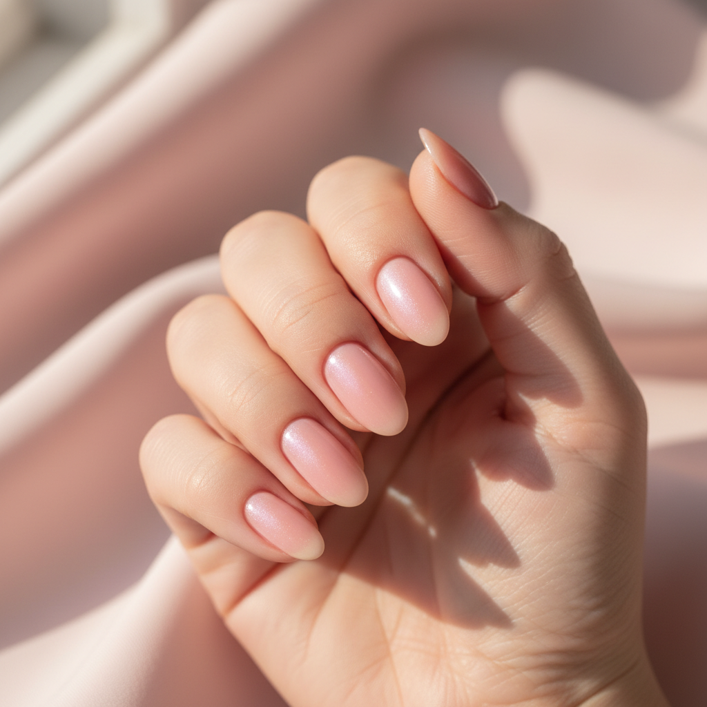 Strawberry-milk Oval Nails — Glazed Pink With Pearl Shimmer