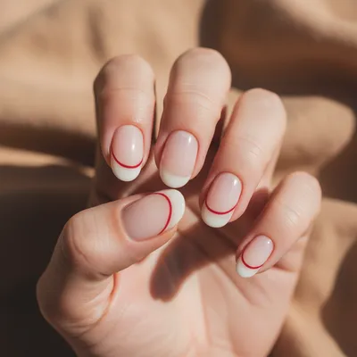 Minimal-aesthetic Short Oval Nails With Thin Abstract Red French-reviv