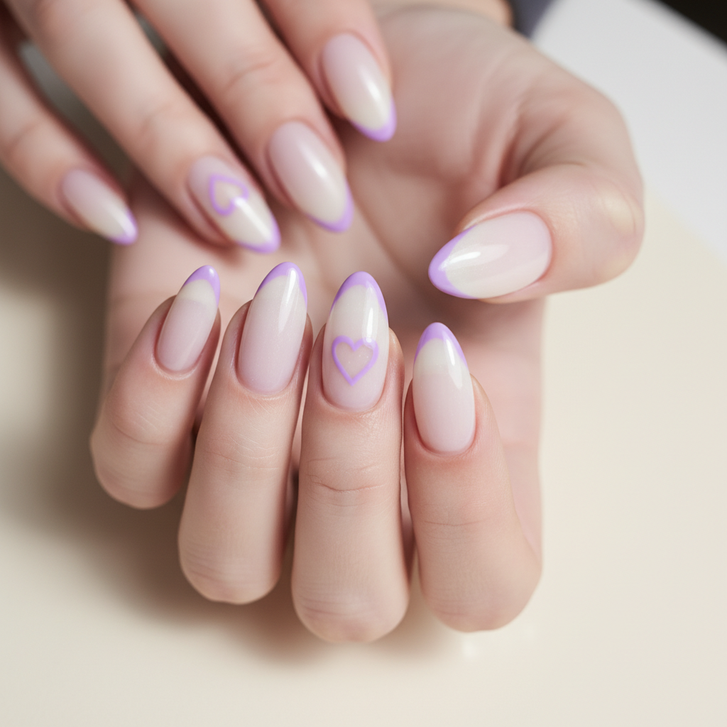 French-revival Reverse-french Long Almond Nails — Thin Lilac Line at t