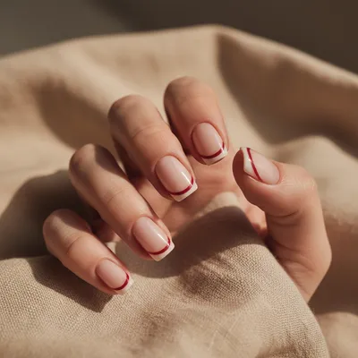 French-revival Reverse-french Short Squoval Nails — Thin Red Line at t