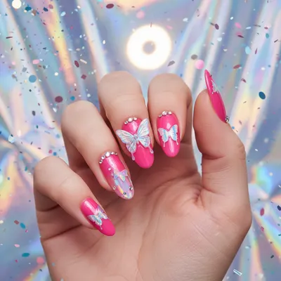 Y2K Butterfly-decal Long Oval Nails — Sculpted 3D Holographic Butterfl