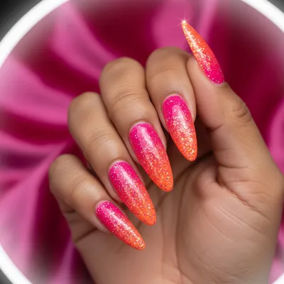 Y2K Hot-pink-and-orange Ombré Long Stiletto Nails With Glitter-bomb ch