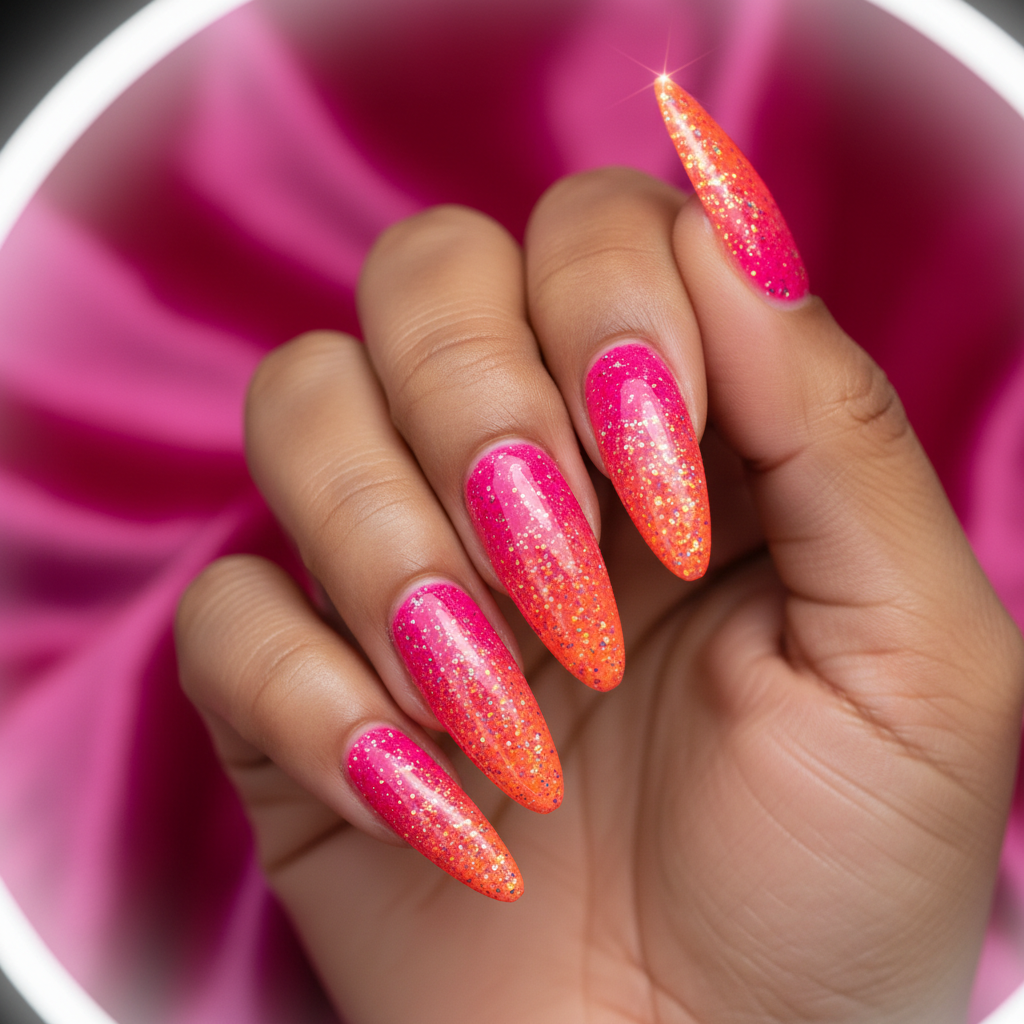 Y2K Hot-pink-and-orange Ombré Long Stiletto Nails With Glitter-bomb ch