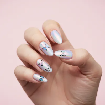 Y2K Holographic Almond Nails With Tiny Hand-painted Butterfly Decals a