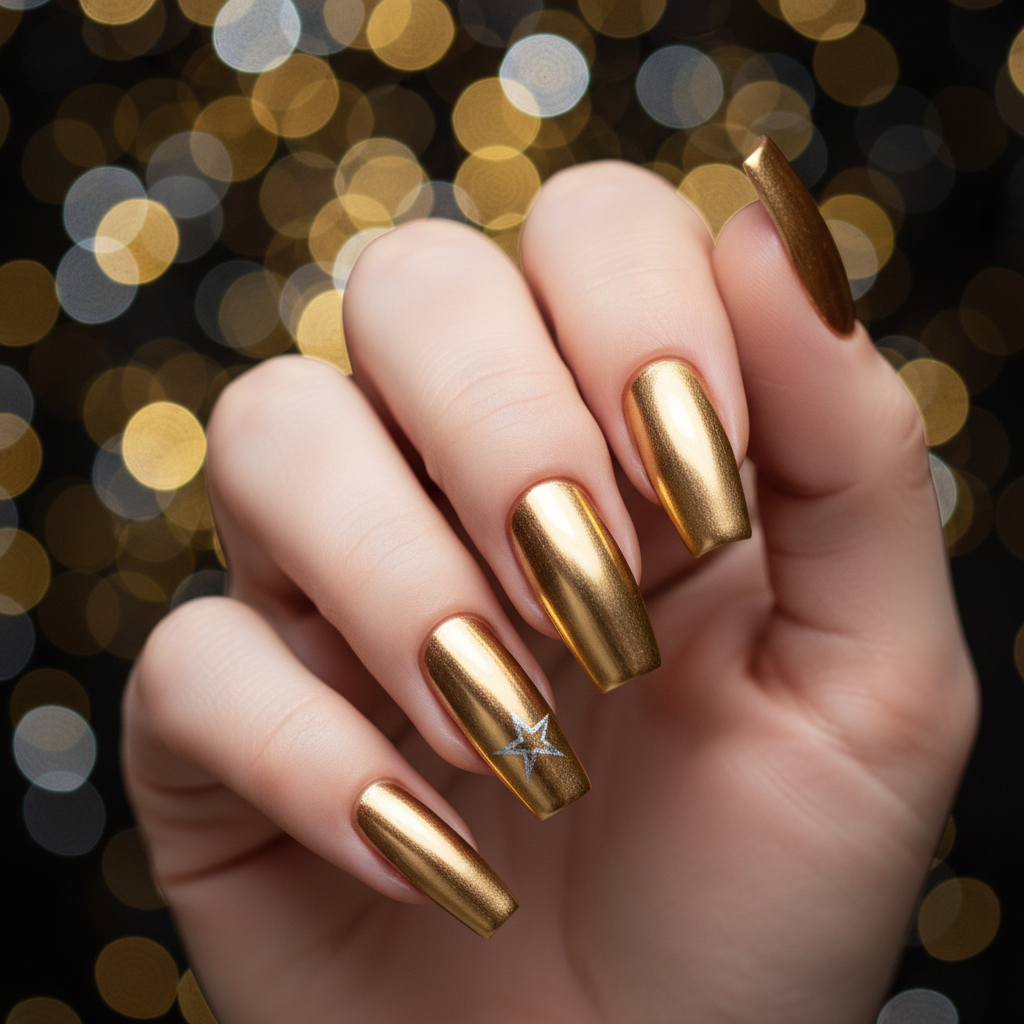 New Year's Eve Gold Chrome Long Coffin Nails With Hand-painted Single