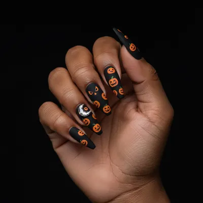 Halloween Extra-long Matte Black Stiletto Nails With Hand-painted Tiny
