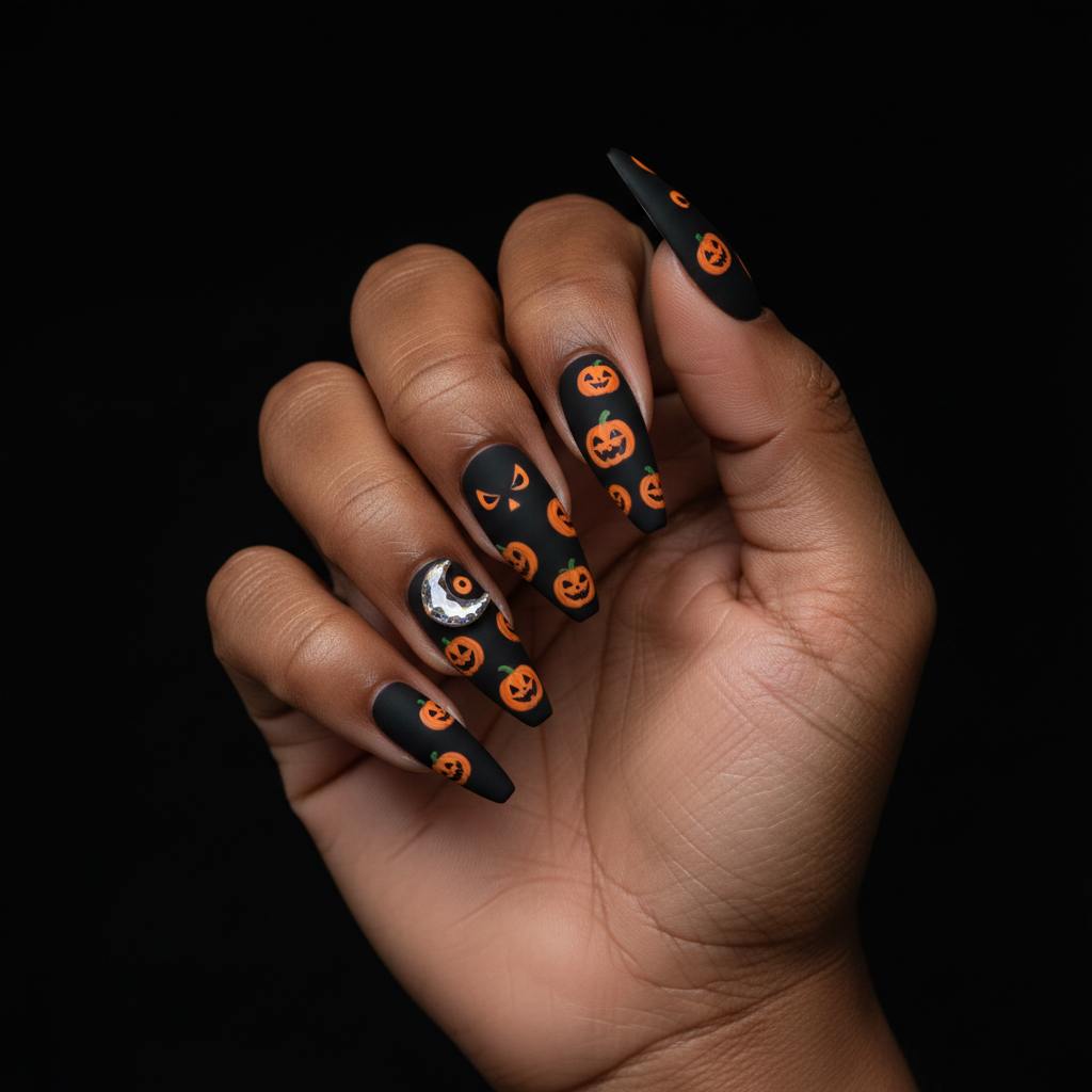 Halloween Extra-long Matte Black Stiletto Nails With Hand-painted Tiny