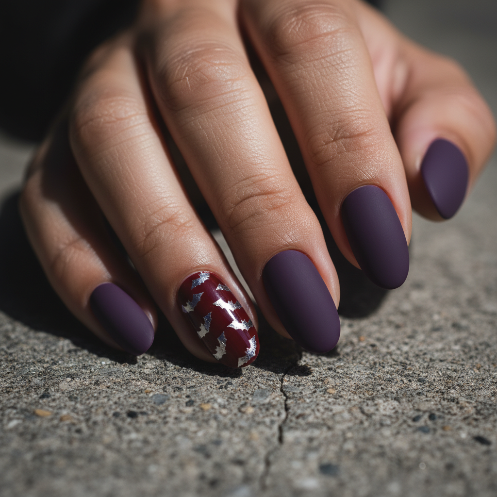 Halloween Matte Deep Purple Long Oval Nails With Mob-wife Oxblood Acce