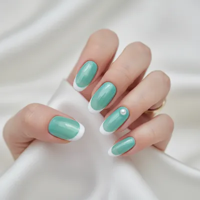Wedding Bridal Long Oval Nails in Sheer Turquoise Sea-glass With Clean