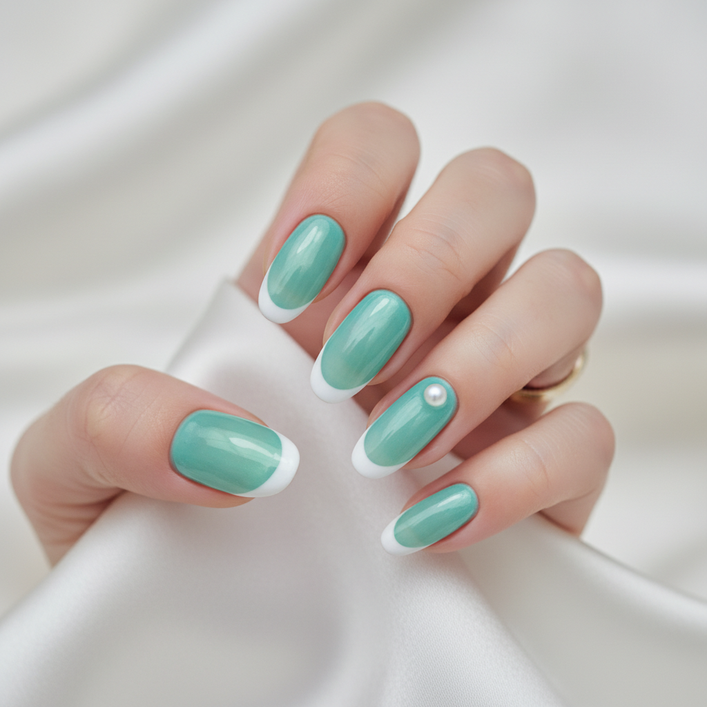 Wedding Bridal Long Oval Nails in Sheer Turquoise Sea-glass With Clean