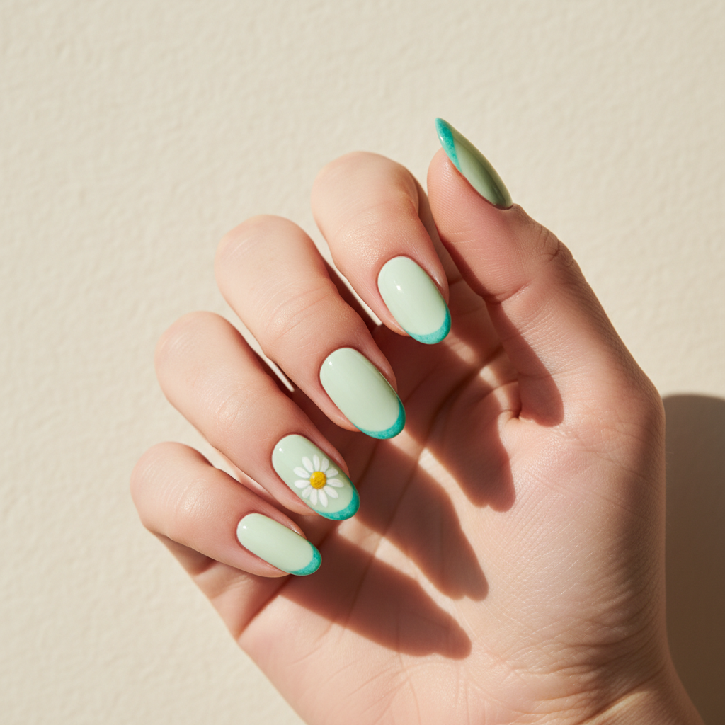 Mint Pastel-green Long Oval Nails With Hand-painted Tiny Floral White