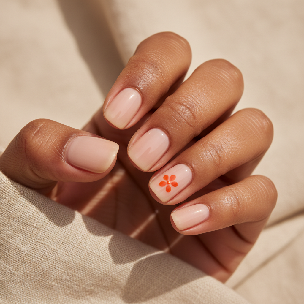 Beige Sheer-stone Short Round Nails With Hand-painted Tiny Tangerine o