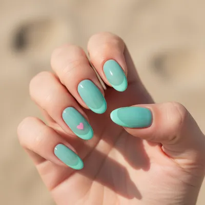 Turquoise Sea-glass Long Oval Nails With Hand-painted Single Tiny Pink