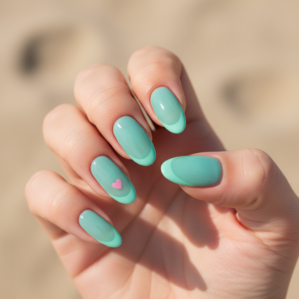 Turquoise Sea-glass Long Oval Nails With Hand-painted Single Tiny Pink