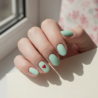 Mint Pastel-green Short Oval Nails With Hand-painted Single Tiny Red h