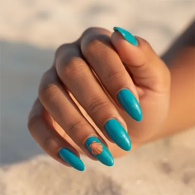 Turquoise Long Almond Nails With Hand-painted Single Tiny Orange Tange
