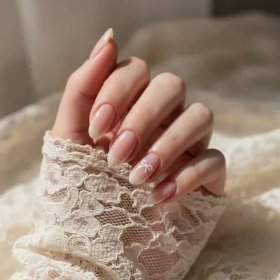 Coquette Short Almond Nails — Milky Pink Base With One Micro Hand-pain