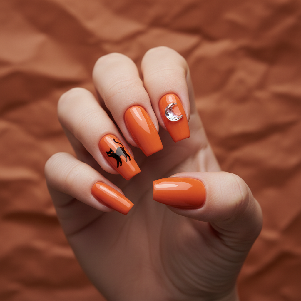 Halloween Long Coffin Nails in Glossy Bright Orange Pumpkin With Hand-