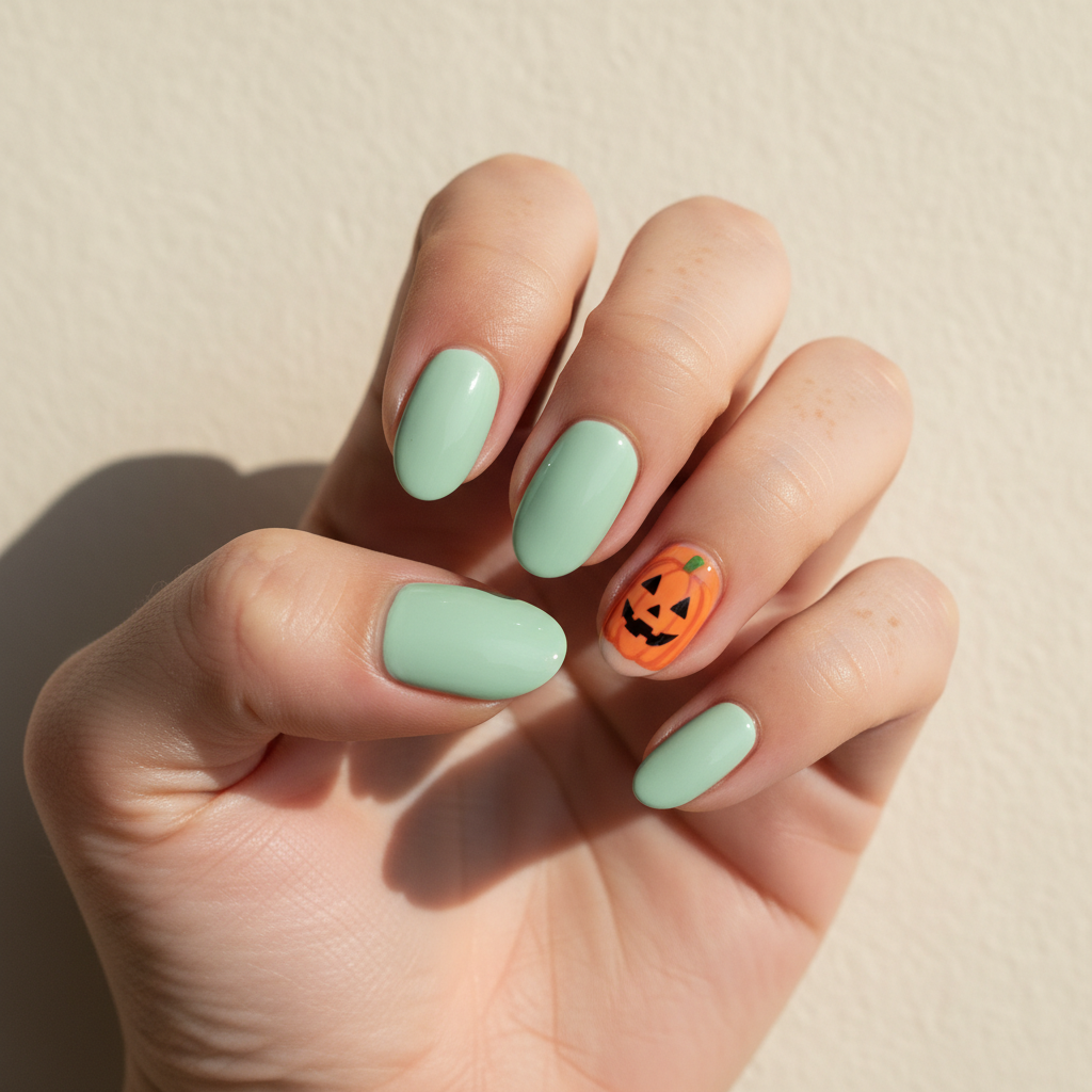 Halloween Short Almond Nails in Mint Pastel-green With Hand-painted si
