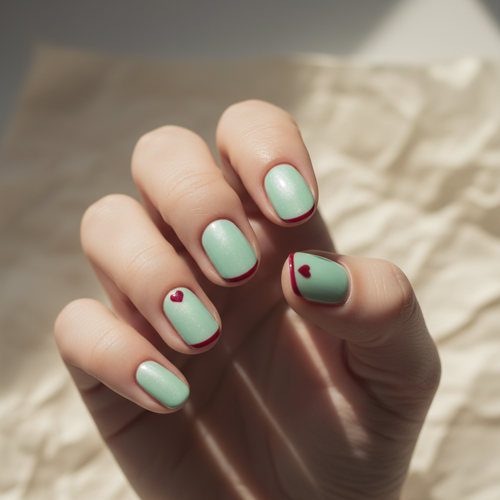 Valentines Mint Pastel-green Short Oval Nails With Hand-painted Single