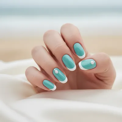Wedding Bridal Turquoise Sea-glass Long Oval Nails With Clean White fr