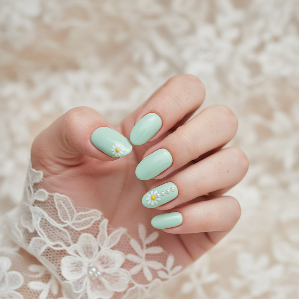 Wedding Bridal Mint Pastel-green Long Oval Nails With Hand-painted Sin