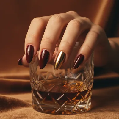 Mob-wife Long Almond Nails in Deep Oxblood Red With One Chrome-gold ac