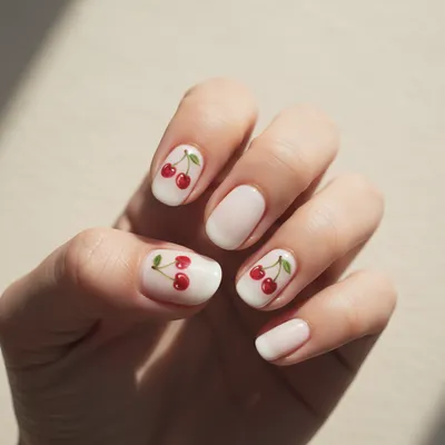 Cherry-print Short Oval Nails — Two Tiny Hand-painted Red Cherries on