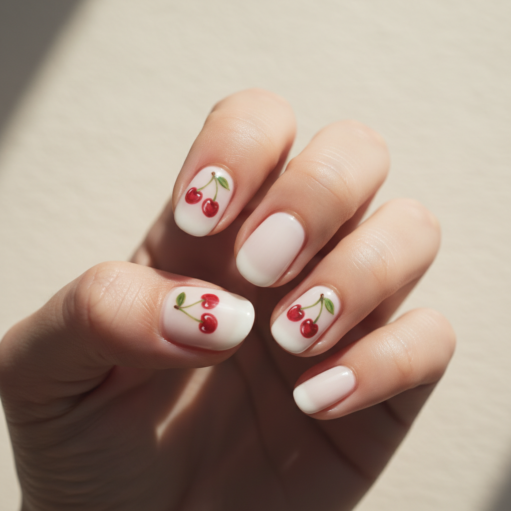 Cherry-print Short Oval Nails — Two Tiny Hand-painted Red Cherries on
