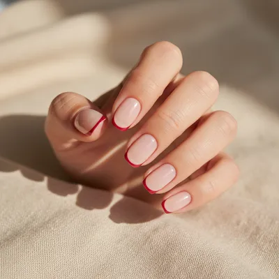 French-revival Reverse-french Squoval Nails — Thin Red Line Painted at