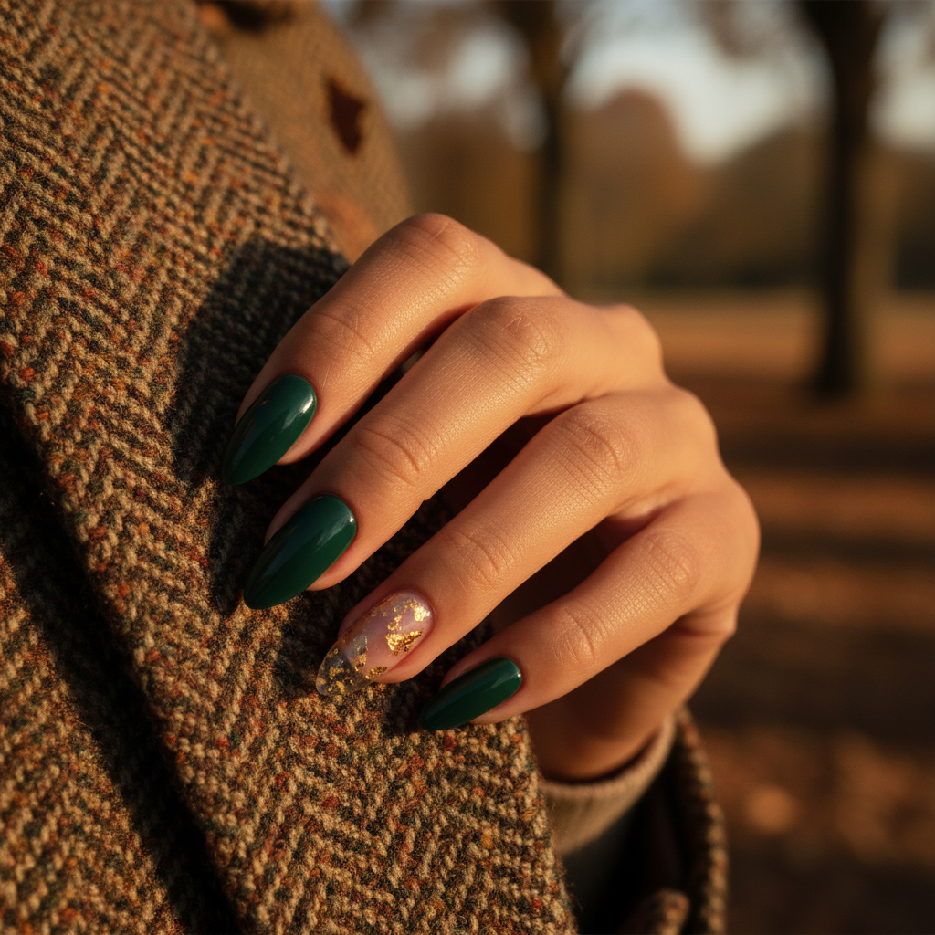 Hunter Green Almond Nails With a Single Ring Finger of Gold Flake Susp
