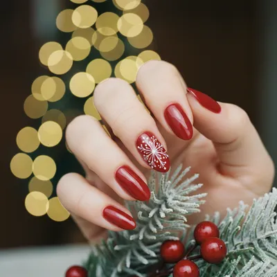 Christmas Deep Red Glossy Almond Nails With a Hand-painted White Snowf