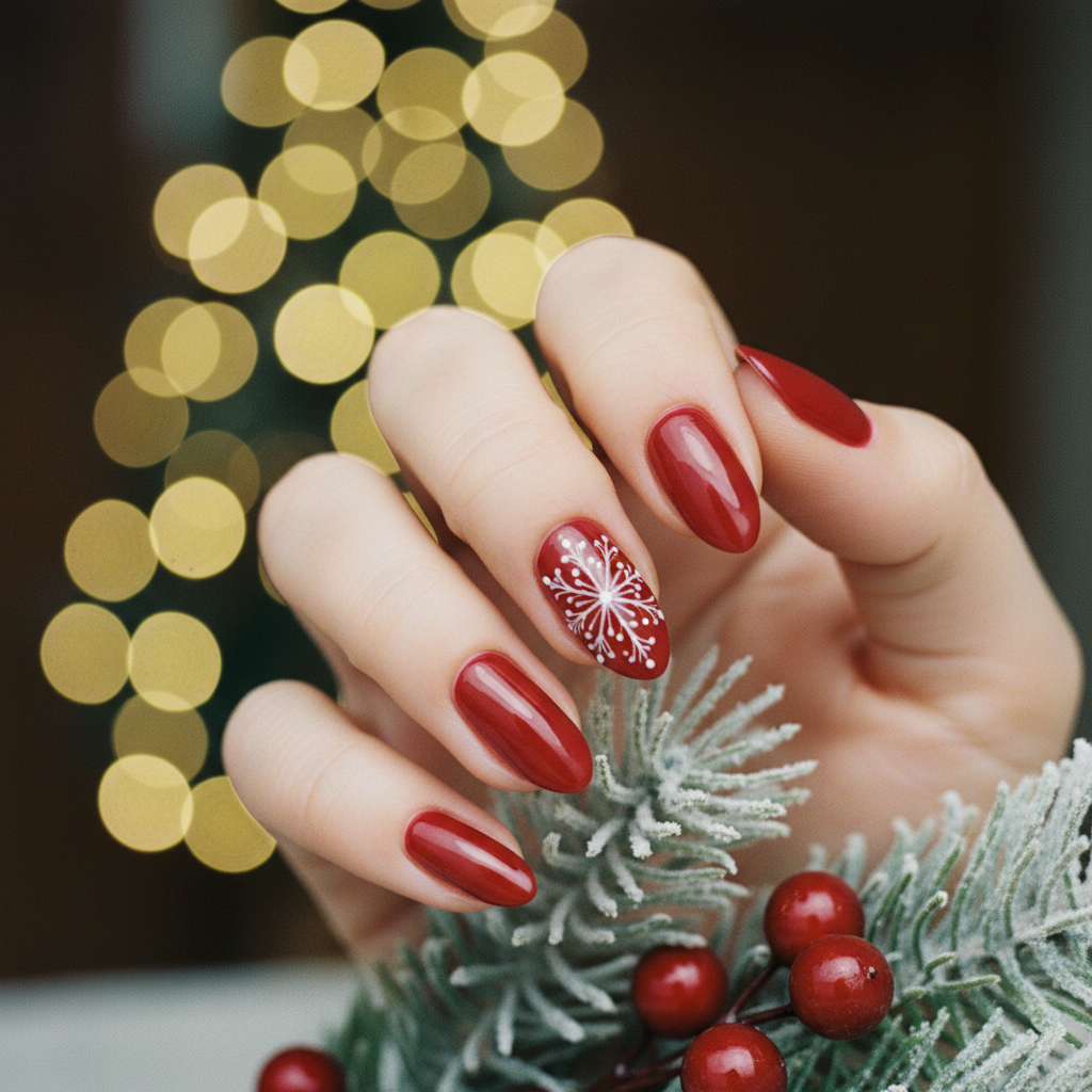 Christmas Deep Red Glossy Almond Nails With a Hand-painted White Snowf