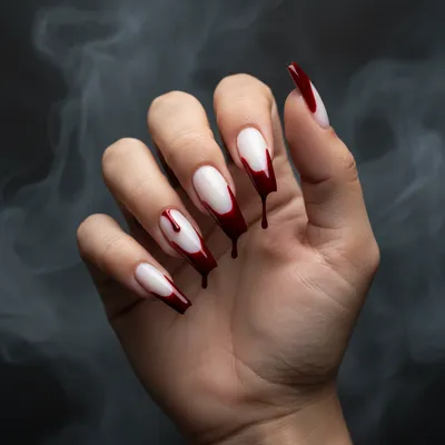 Halloween Long Coffin Nails — Glossy Milky Base With Realistic Red Blo