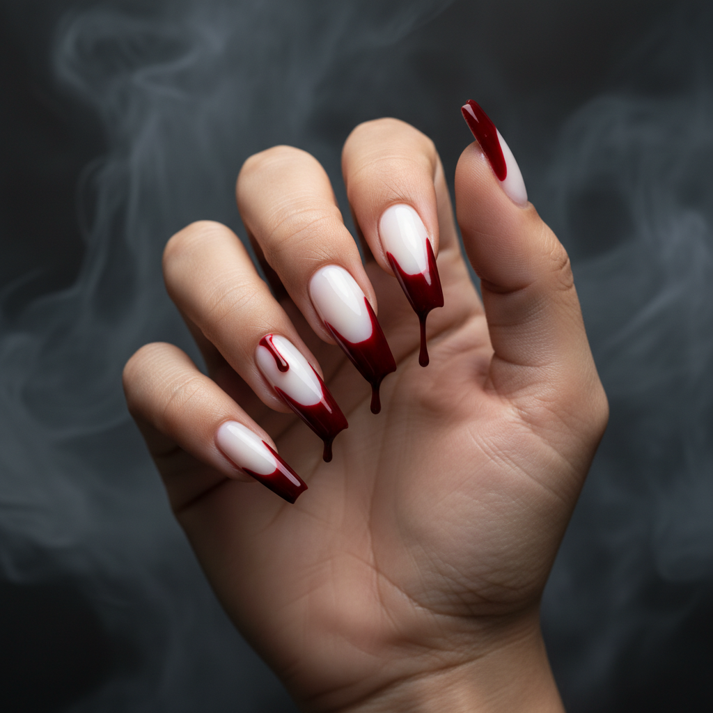 Halloween Long Coffin Nails — Glossy Milky Base With Realistic Red Blo