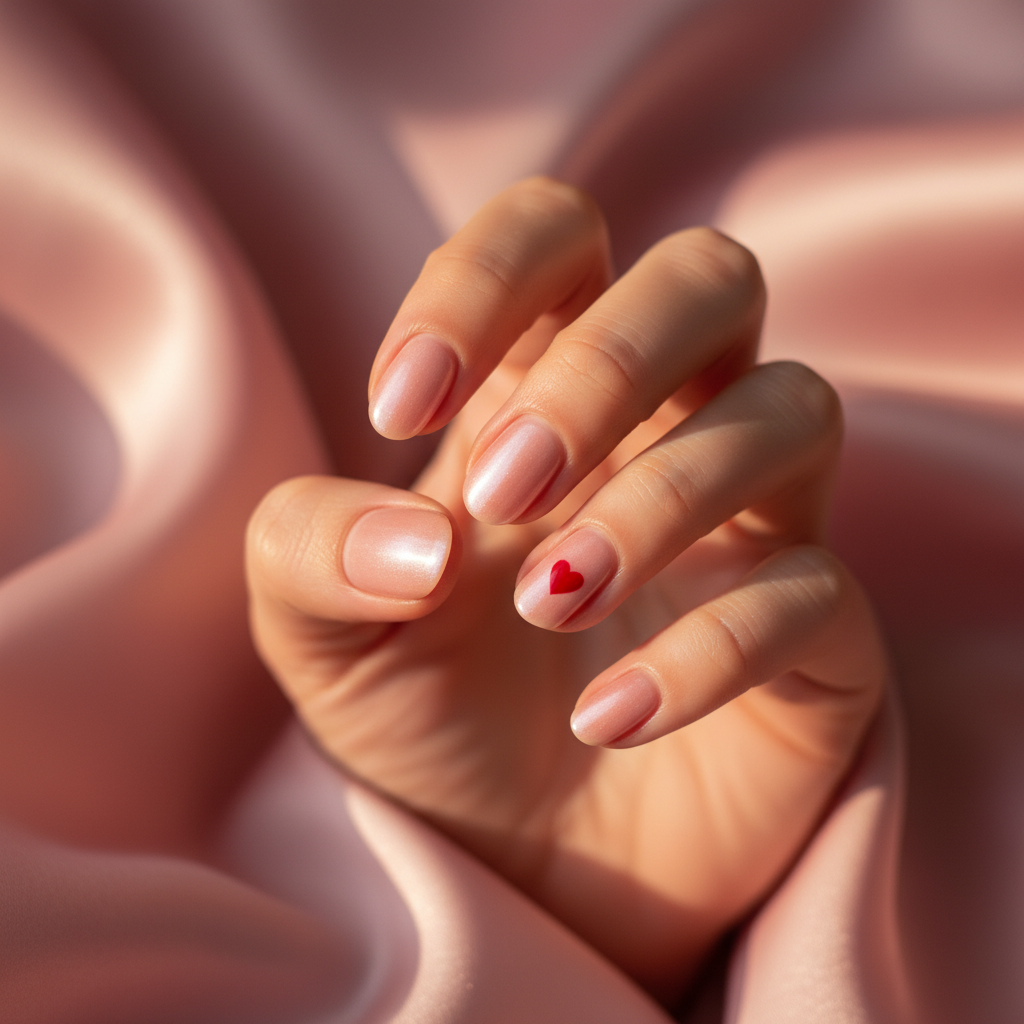 Valentine's Pearl-pink Short Almond Nails With a Single Tiny Hand-pain