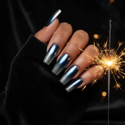 New Year's Eve Silver Chrome Ombré Coffin Nails Fading to Deep Midnigh