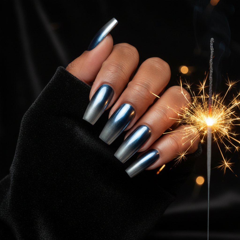 New Year's Eve Silver Chrome Ombré Coffin Nails Fading to Deep Midnigh