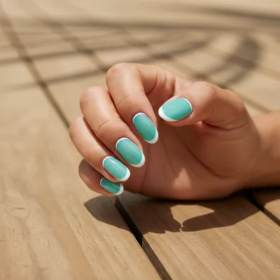 Vacation Sea-glass Turquoise Oval Nails With a Clean White French Tip