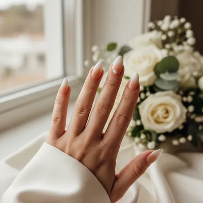 Wedding Baby-boomer Ombré Nude-to-white Almond Nails With a Single Pea