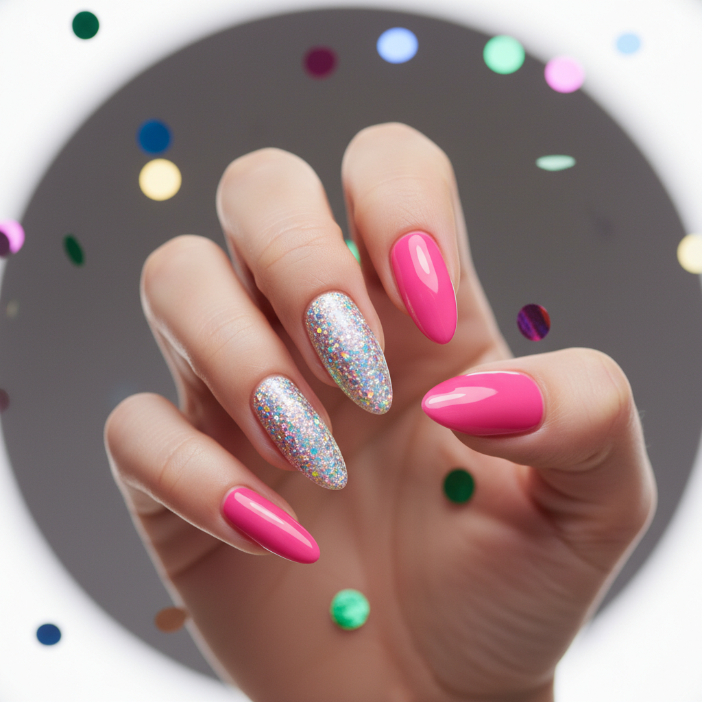 Birthday Holographic Glitter Accent Ring Finger on Long Almond Nails —