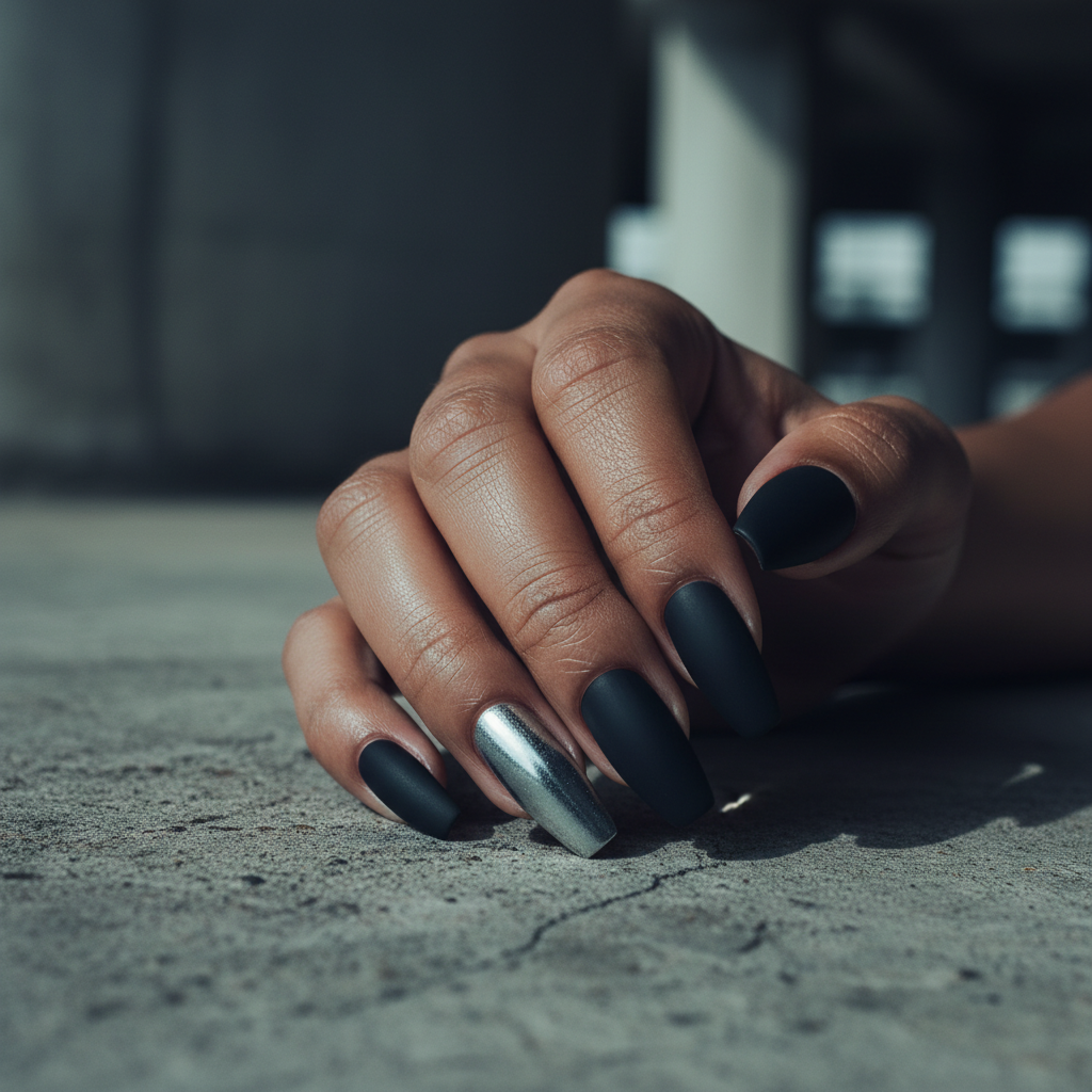 Goth Matte Black Coffin Nails With One Glossy Silver Chrome Accent Fin