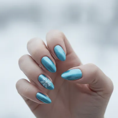 Winter Icy-blue Chrome Almond Nails With a Single Hand-painted White s